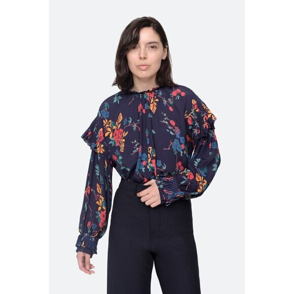 Sea NYC Mari Blue Floral Ruffle Long Sleeve Blouse Size 4 - Picture 1 of 11